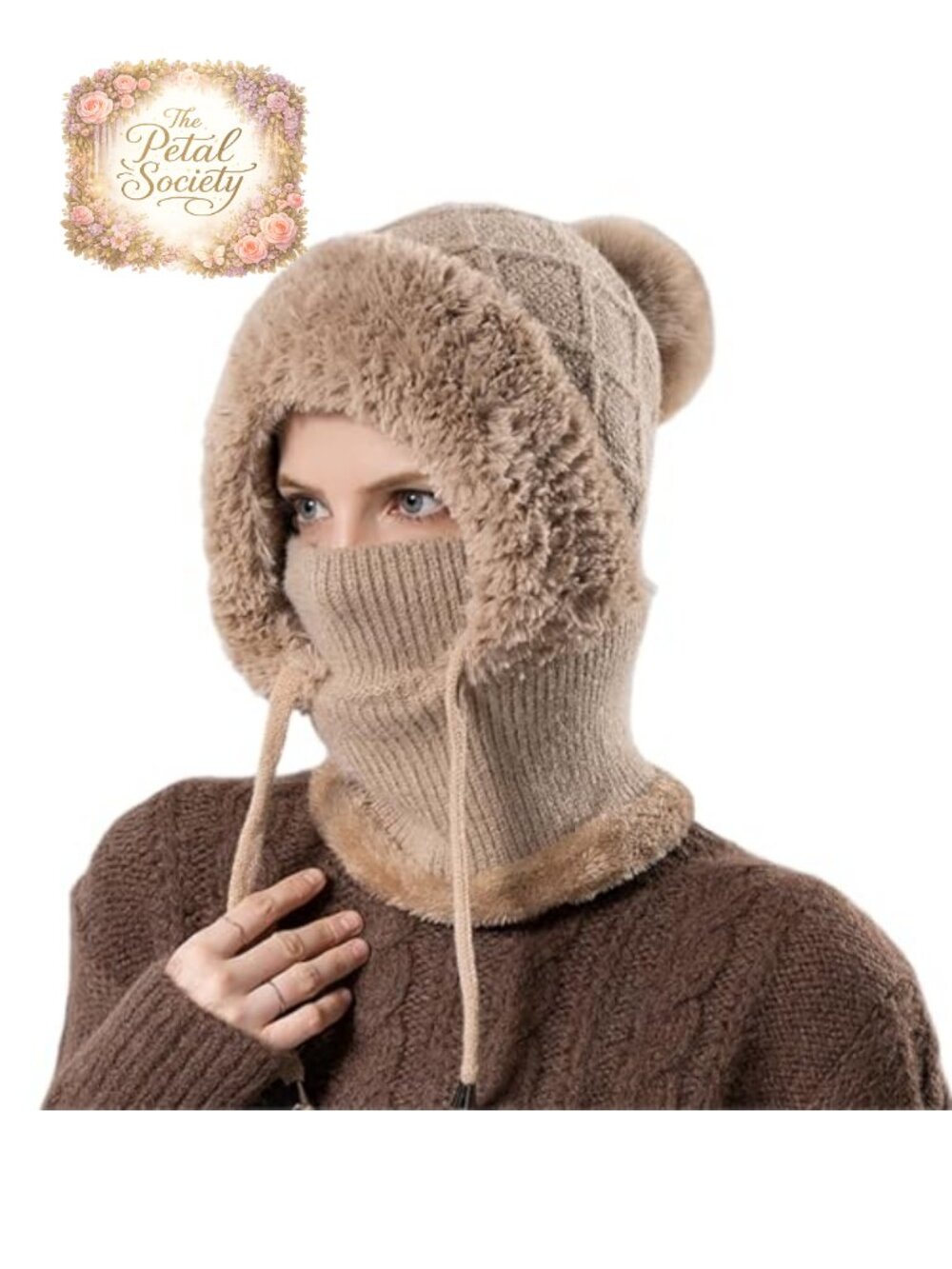 Knitted Beanie Hat Face Cover 3-in-1 Winter Balaclava Fleece Lined Snow Cap